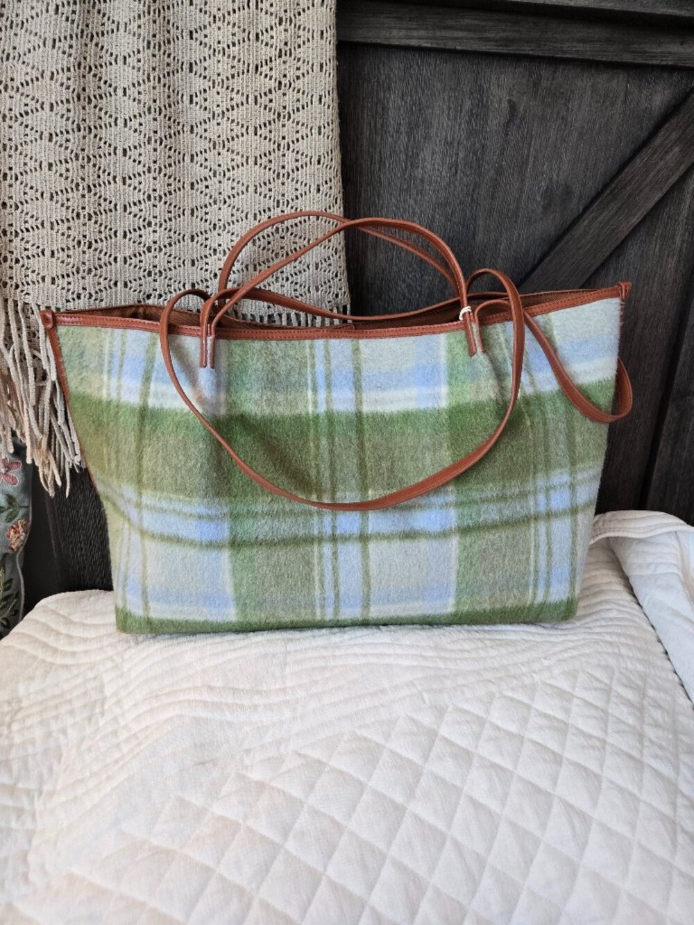 Universal Thread Plaid Tote Bag, Green Blue, NWT